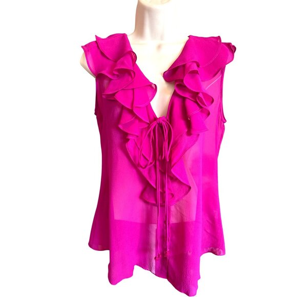 Yoana Baraschi Women's S Sleeveless Ruffled Silk Blouse Fuchsia Posh Luxe Chic - Picture 2 of 8